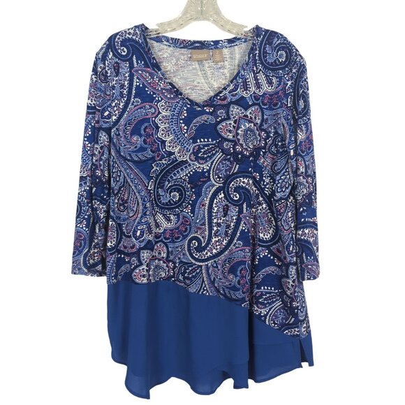 Chico's Blue Paisley Print V-Neck with sheer Chiffon hem Tunic Chico's 2 Sz 12‎ - Picture 13 of 14
